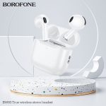 Écouteurs sans fil Borofone BW83 blanc avec boîtier de charge, vue de face, prix Tunisie.