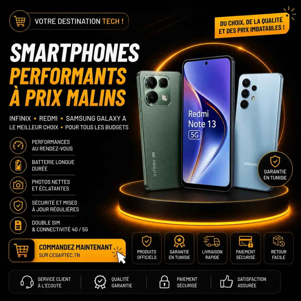 Smartphones Samsung Galaxy, Redmi et Infinix au meilleur prix en Tunisie chez CesarTec.