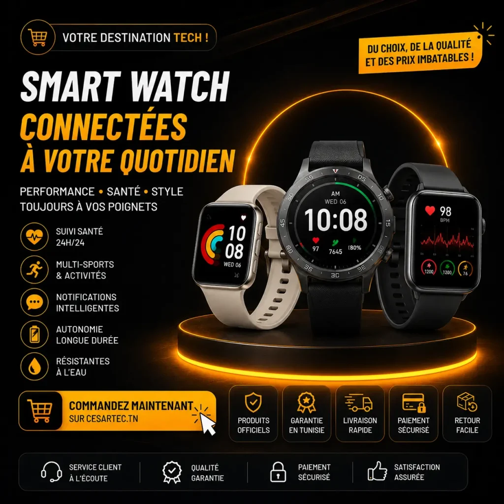 Montre connectée et Smartwatch avec suivi santé et sport au meilleur prix en Tunisie.